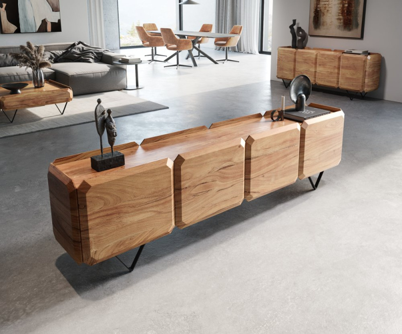 TV stolek Kiano 220 cm přírodní akácie 4 dvířka podnož ve tvaru "V"