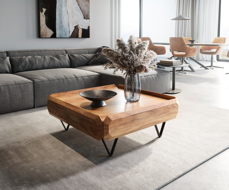 Konferenční stolek Kiano 90x90 cm přírodní akácie 2 zásuvky podnož ve