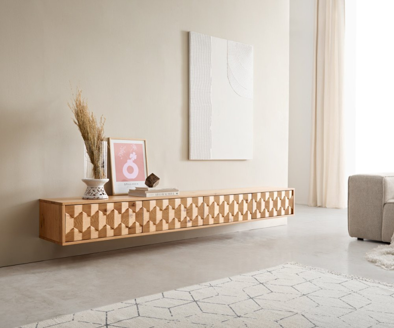 TV stolek Fevo 220 cm přírodní dub 4 dvířka nástěnný