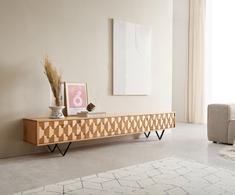 TV stolek Fevo 220 cm přírodní dub 4 dvířka podnož ve tvaru "V" kovová