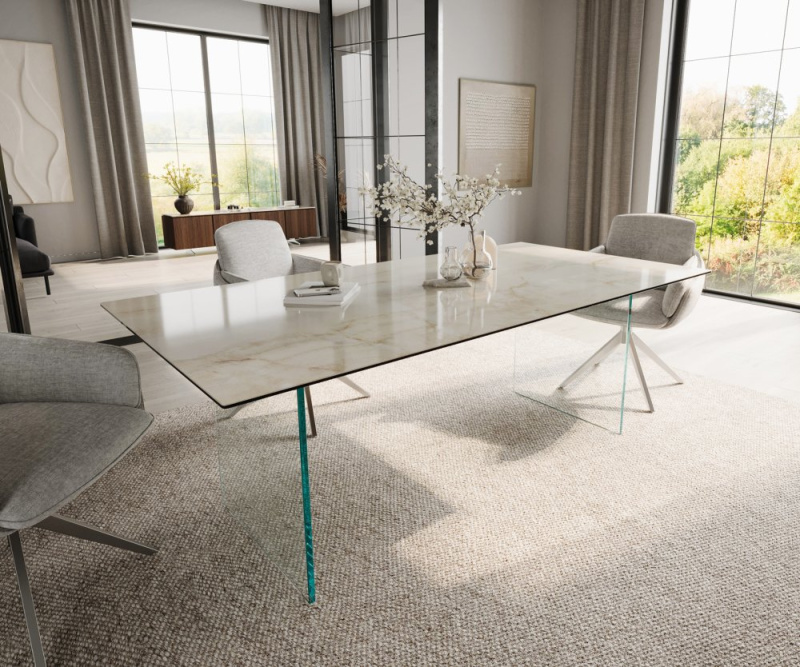 Jídelní stůl Edge 200x100 keramický Laminam® Onice Oro ?skleněný rám
