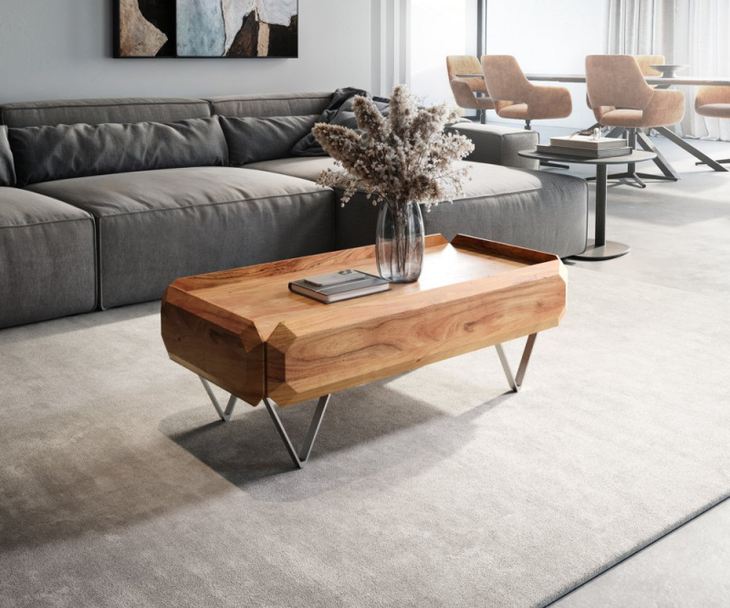 Konferenční stolek Kiano 100x50 cm přírodní akácie 2 zásuvky podnož ve