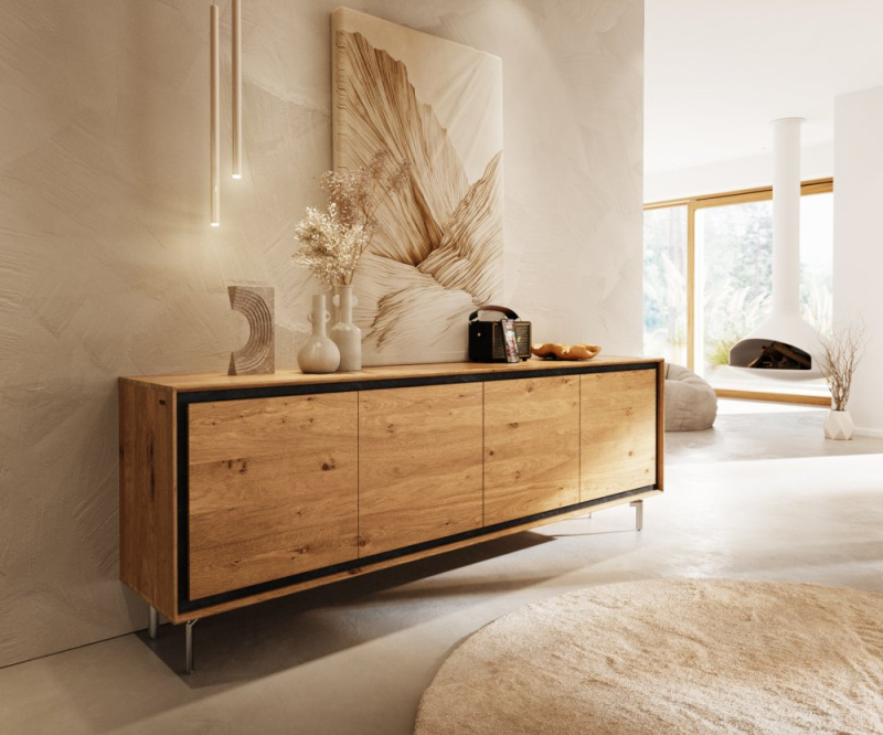 Komoda Stonegrace 200 cm dub přírodní 4 dvířka noha oválná nerezová