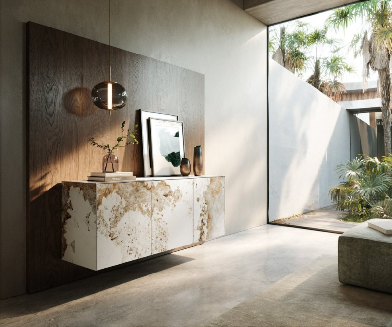 Komoda Cuor 150 cm keramika Minas Melange bílá béžová 3 dvířka závěsná