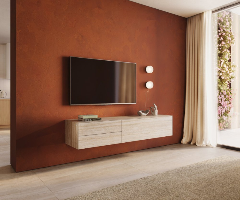 TV stolek Cuor 180 cm keramika Laminam® Travertino Bianco krémově bílá