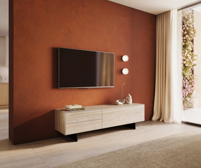 TV stolek Cuor 180 cm keramika Laminam® Travertino Bianco krémově bílá
