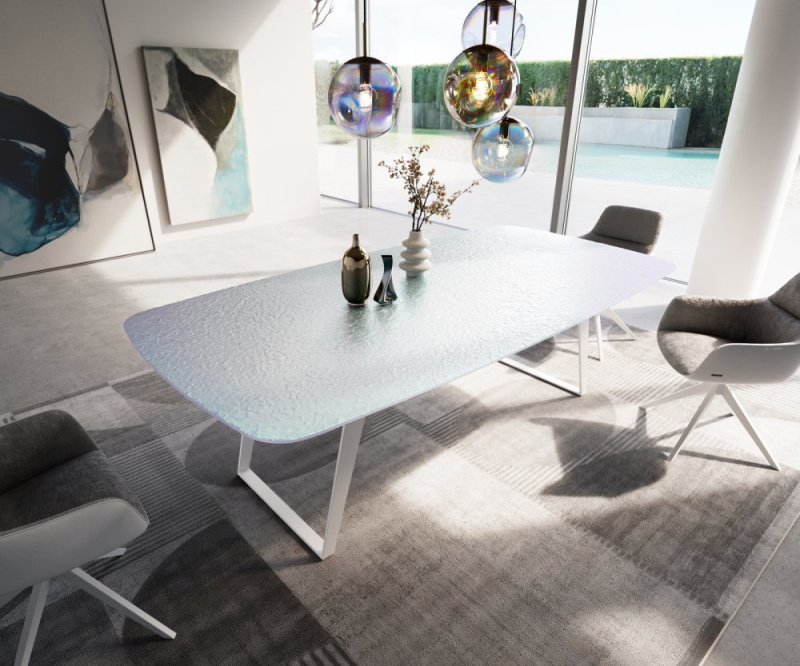 Jídelní stůl Edge oválný 240x120 cm reliéfní sklo perleť 3D design kov