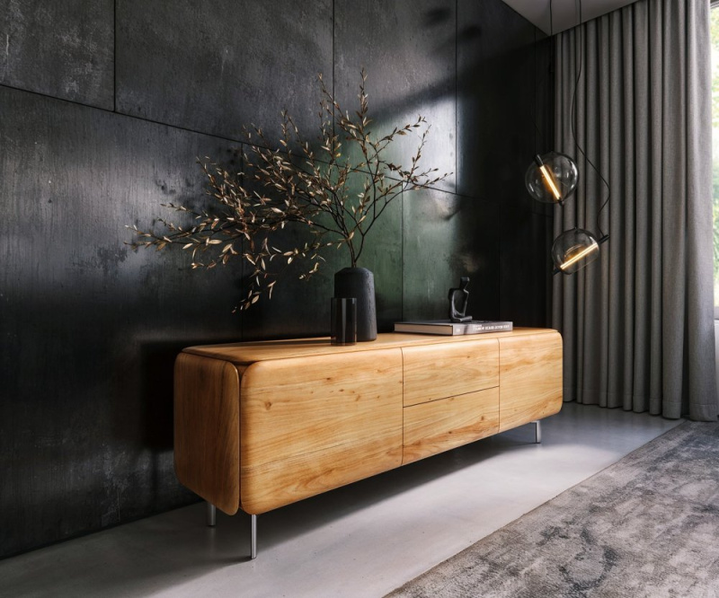 TV stolek Shavani 175 cm akácie přírodní 2 dvířka 2 zásuvky podnož