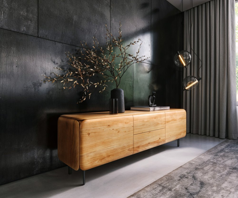 TV stolek Shavani 175 cm akácie přírodní 2 dvířka 2 zásuvky podnož