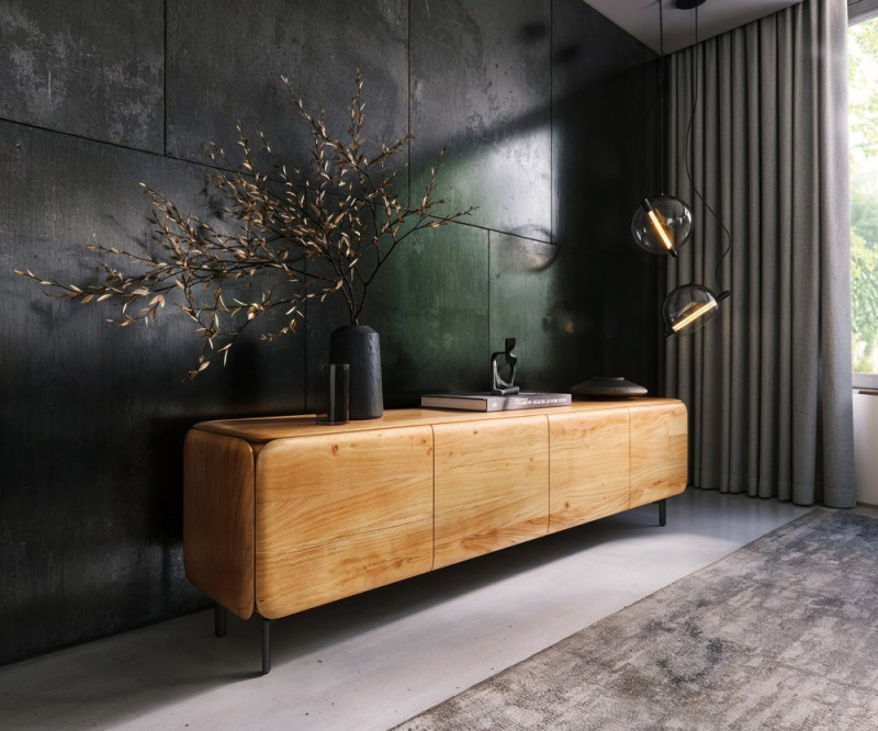 TV stolek Shavani 200 cm akácie přírodní 4 dvířka podnož oválná kov