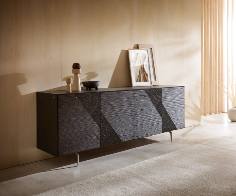 Komoda Tereos 200 cm jasan tmavě hnědá 3D efekt 4 dvířka podnož ve