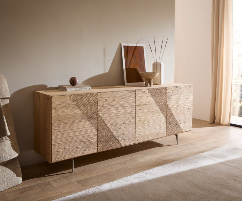 Komoda Tereos 200 cm dub přírodní 3D efekt 4 dvířka podnož ve tvaru