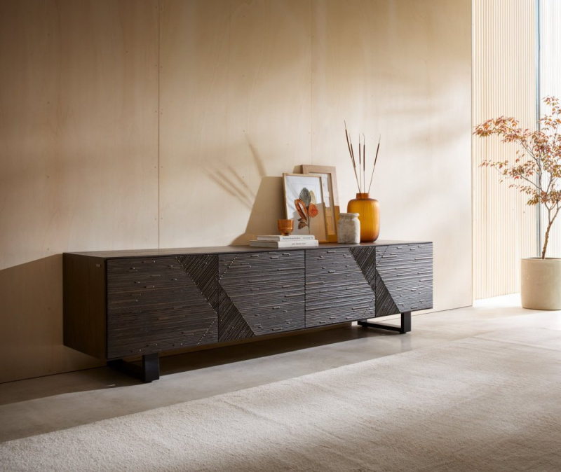 TV stolek Tereos 220 cm jasan tmavě hnědá 3D efekt 4 dvířka podnož kov