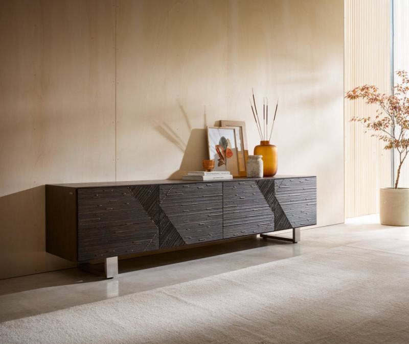 TV stolek Tereos 220 cm jasan tmavě hnědá 3D efekt 4 dvířka podnož