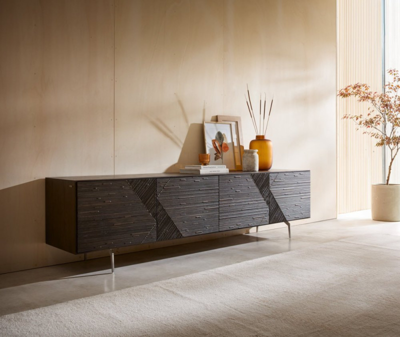 TV stolek Tereos 220 cm jasan tmavě hnědá 3D efekt 4 dvířka podnož ve