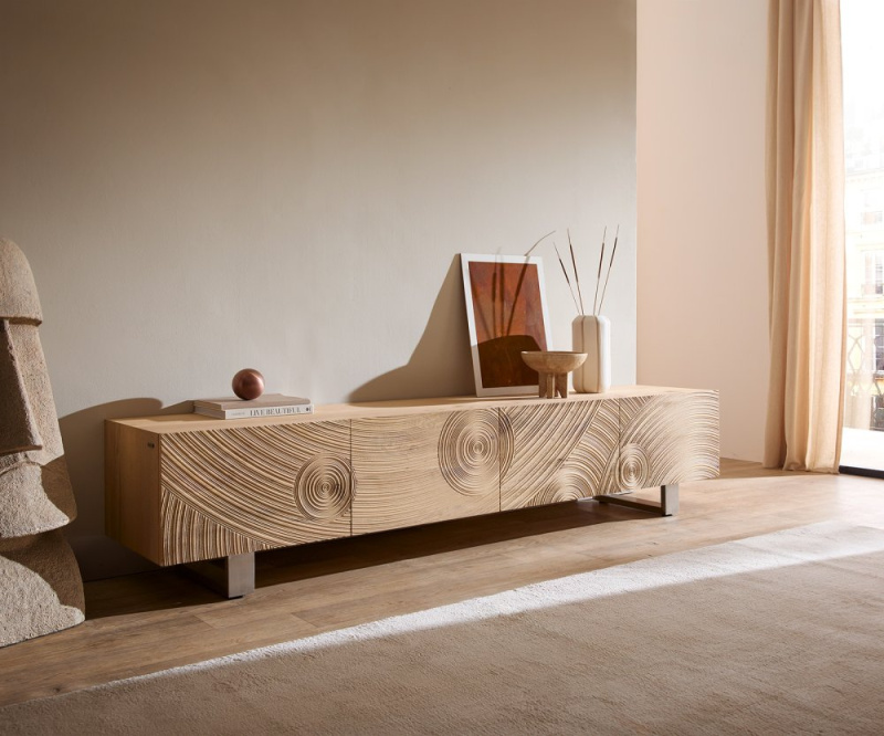 TV stolek Ashara 220 cm dub přírodní 3D efekt 4 dvířka tenká podnož