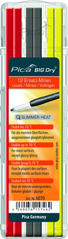 Pica | Tuhy na většinu materiálů pro tesařskou tužku Barva: grafit + žlutá + červená(odolná teplotě do 70°C)