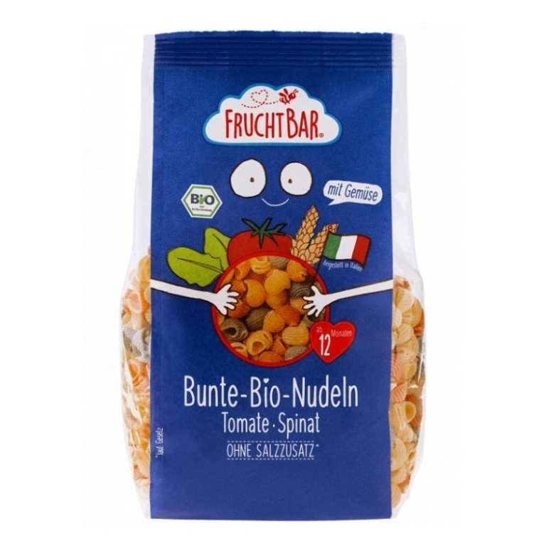 FruchtBar BIO Těstoviny s příchutí rajčat a špenátu