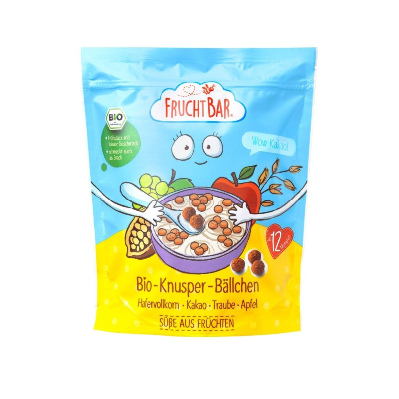 FRUCHTBAR Cereálie kakaové kuličky s hroznovým vínem jablkem a ovsem BIO 125 g