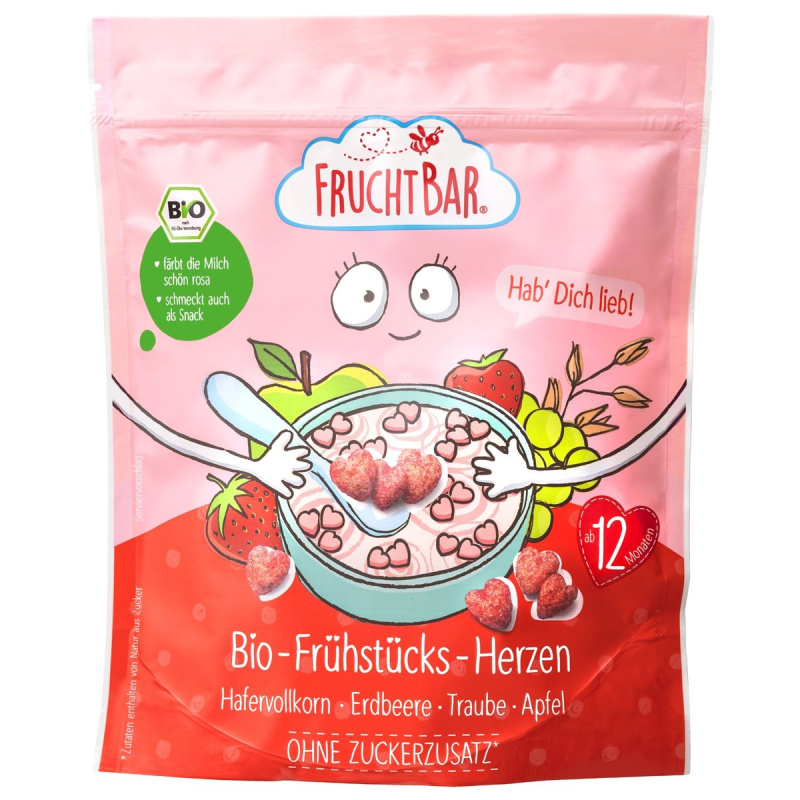 FruchtBar BIO Cereálie srdíčka s jahodami, hroznovým vínem a jablkem