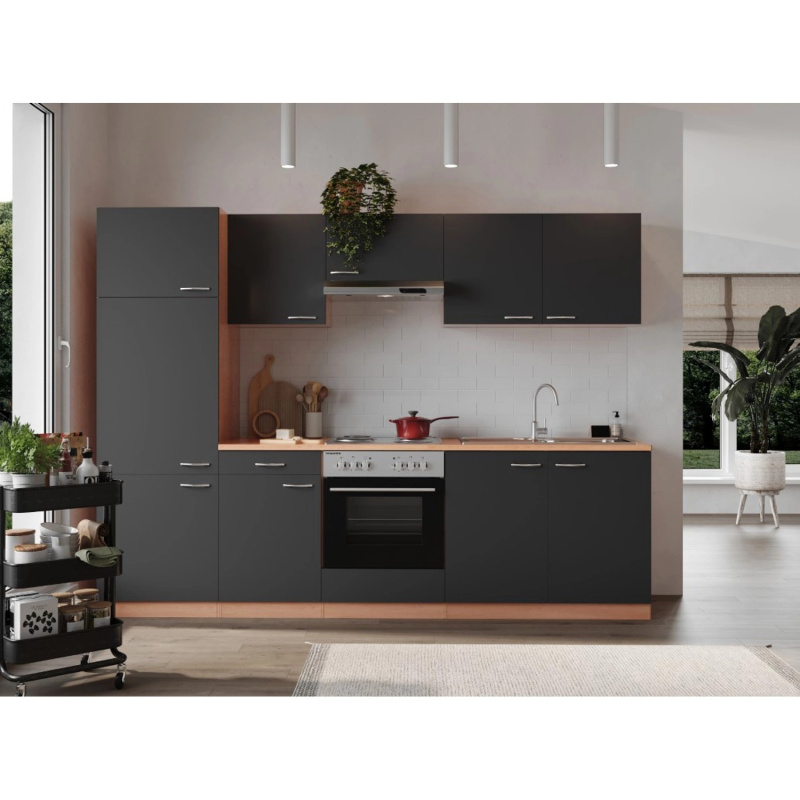 Respekta Kuchyně Gerda šedá/buk 270 cm-nrz.deska, lednice, trouba, digestoř