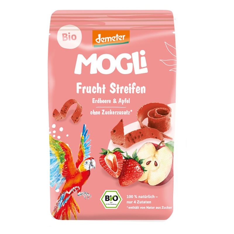 MOGLi BIO Ovocné pásky s chia semínky a psylliem jahoda a jablko 25 g