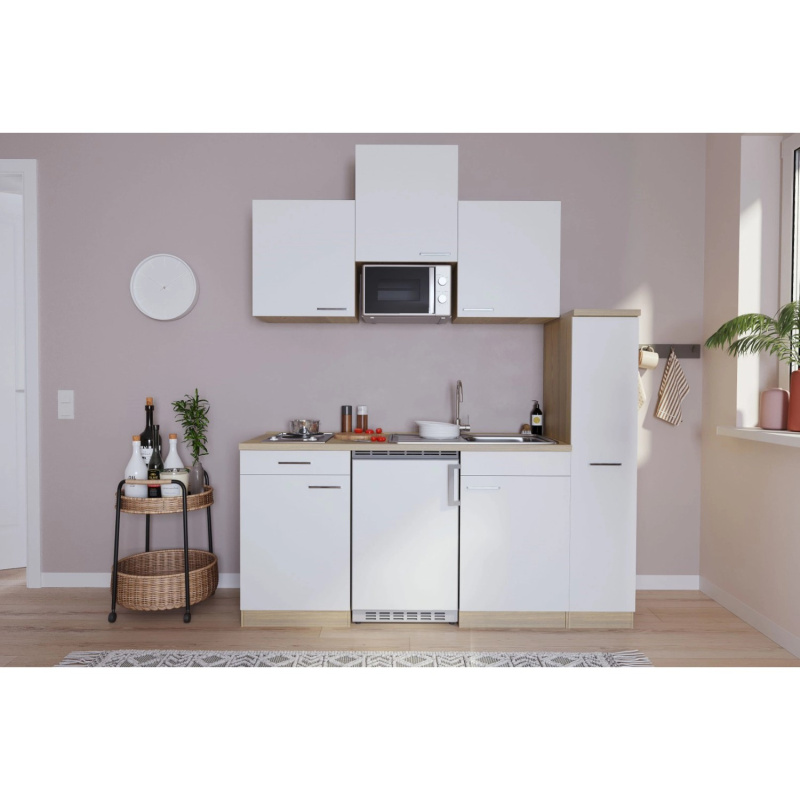 Respekta Kuchyně Luis bílá/dub 180 cm-nerez.var.deska, lednice, mikrovlnka