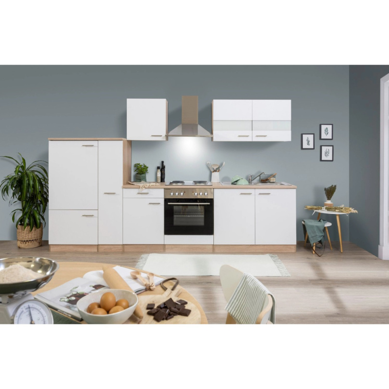 Respekta Kuchyně Merle bílá/dub 300 cm-nrz.deska/komín.digestoř/lednice