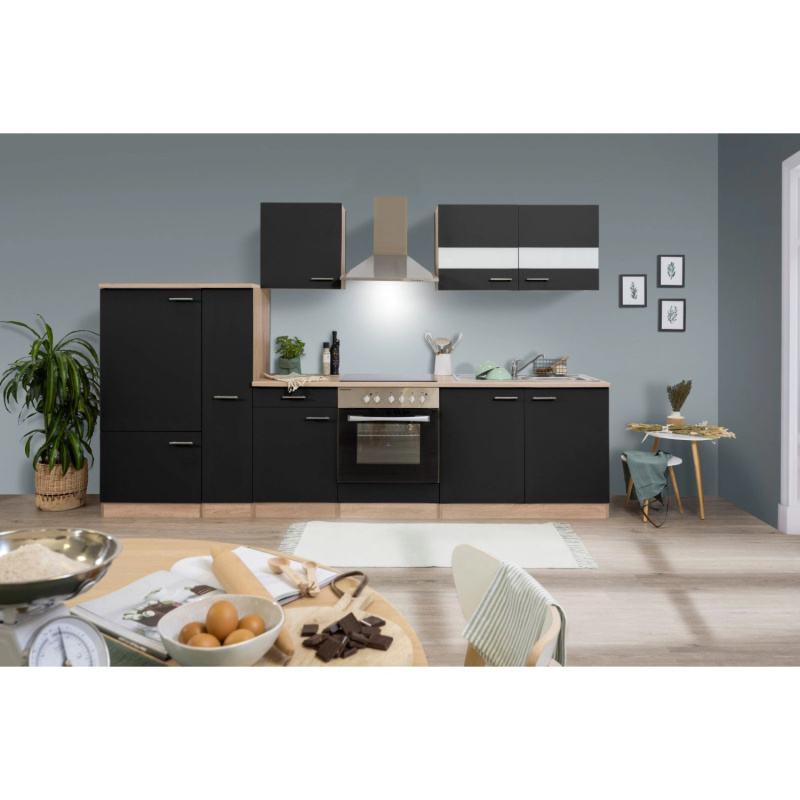 Respekta Kuchyně Merle černá/dub 300 cm-skl.deska/komín.digestoř/lednice