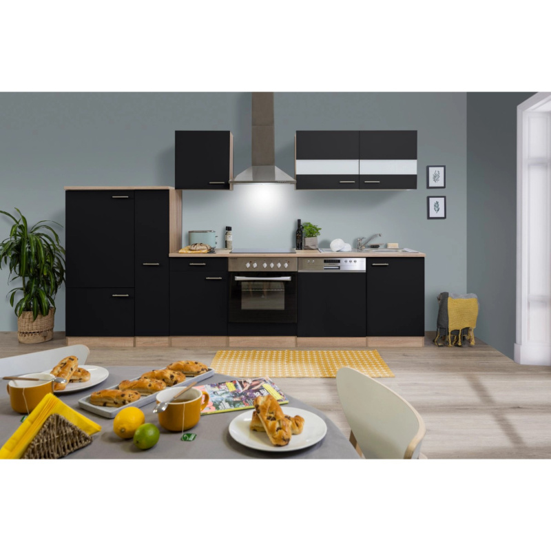 Respekta Kuchyně Merle černá/dub 310 cm-skl.deska/komín.digestoř/myčka/lednice