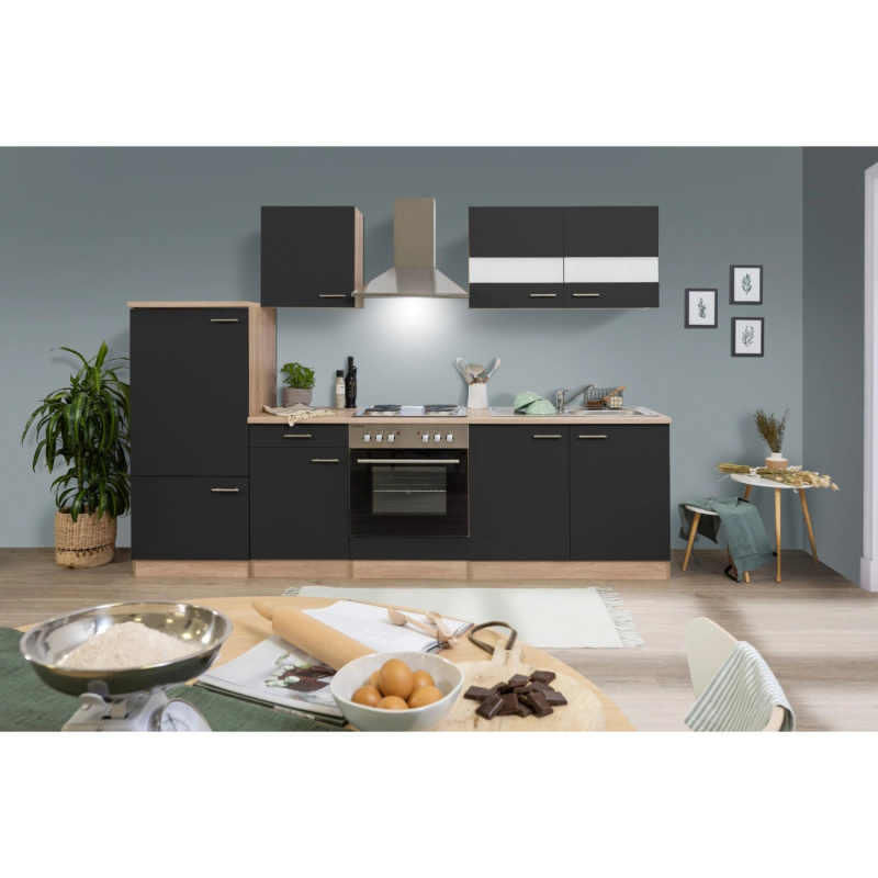 Respekta Kuchyně Merle černá/dub 270 cm-nrz.deska/komín.digestoř/lednice