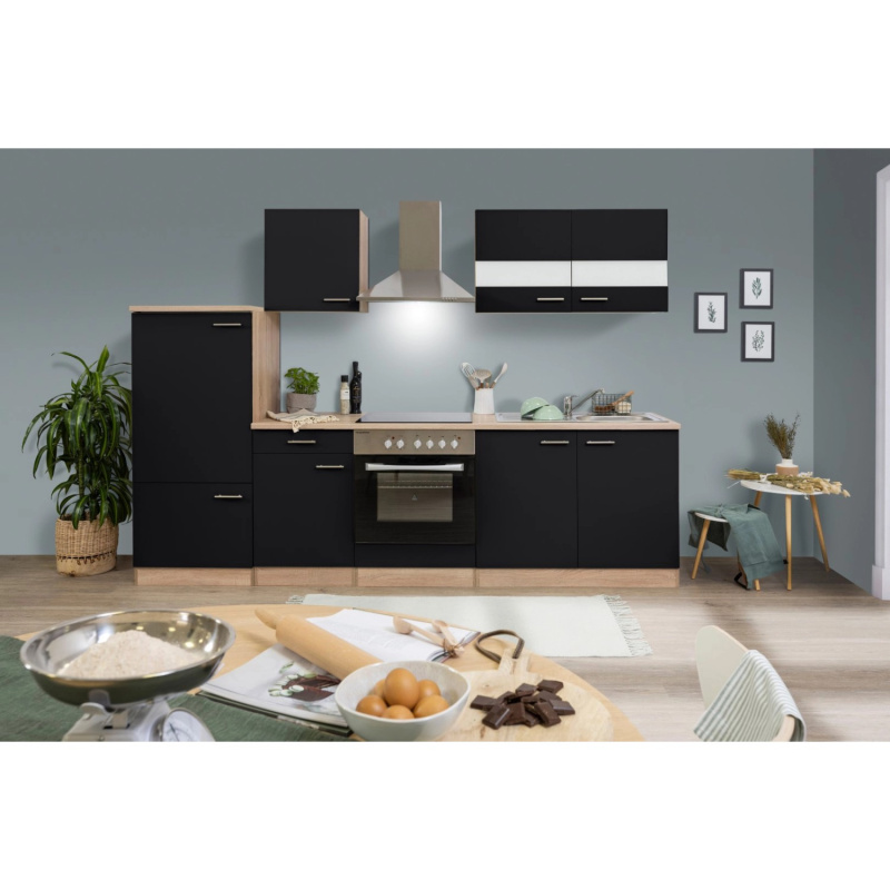 Respekta Kuchyně Merle černá/dub 270 cm-skl.deska/komín.digestoř/lednice