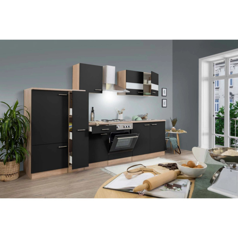 Respekta Kuchyně Merle černá/dub 300 cm - bez el. přístrojů