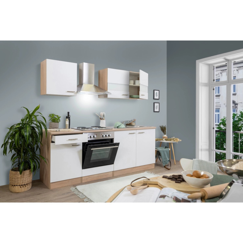 Respekta Kuchyně Merle bílá/dub 210 cm-nrz.deska/komín.digestoř