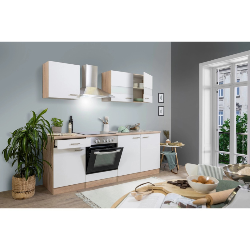 Respekta Kuchyně Merle bílá/dub 210 cm-skl.deska/komín.digestoř