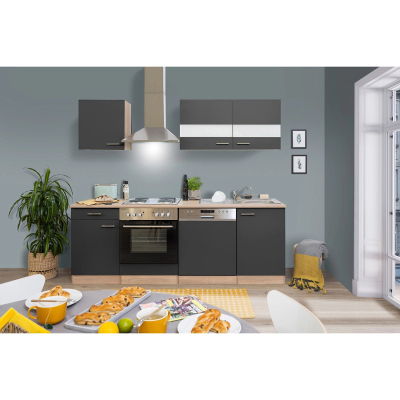 Respekta Kuchyně Merle šedá/dub 220 cm-nrz.deska/komín.digestoř/myčka