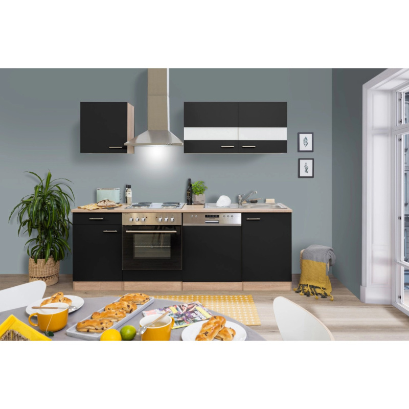 Respekta Kuchyně Merle černá/dub 220 cm-nrz.deska/komín.digestoř/myčka