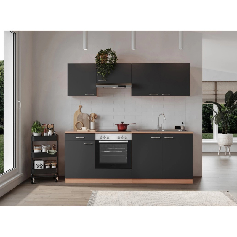 Respekta Kuchyně Gerda šedá/buk 210 cm- skloker. deska, trouba, digestoř