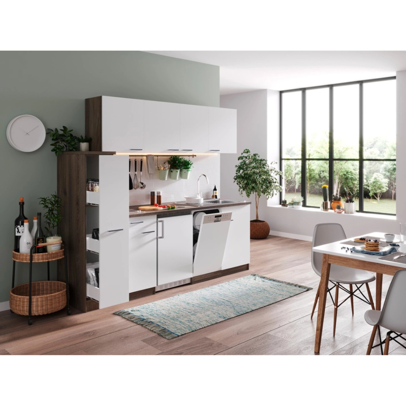 Respekta Kuchyně Oliver bílá/dub 225 cm-skl.deska/lednice/myčka