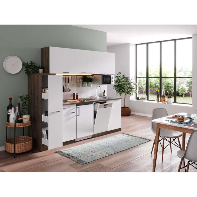 Respekta Kuchyně Oliver bílá/dub 225 cm-skl.deska/lednice/myčka/mikrovlnka