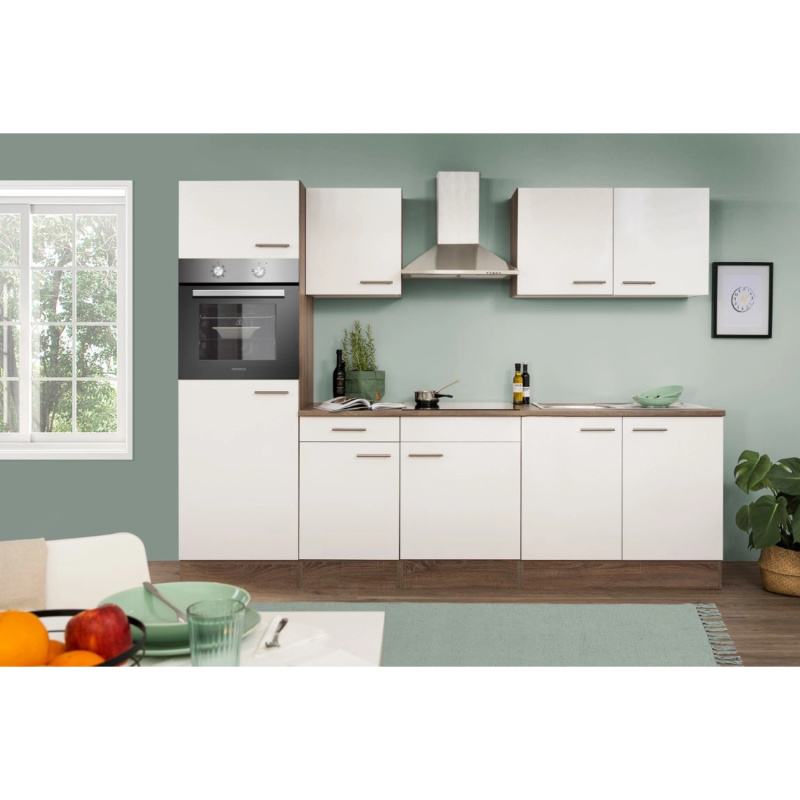 Respekta Kuchyně Oliver bílá/dub 270 cm-trouba/skl.deska/digestoř/lednice