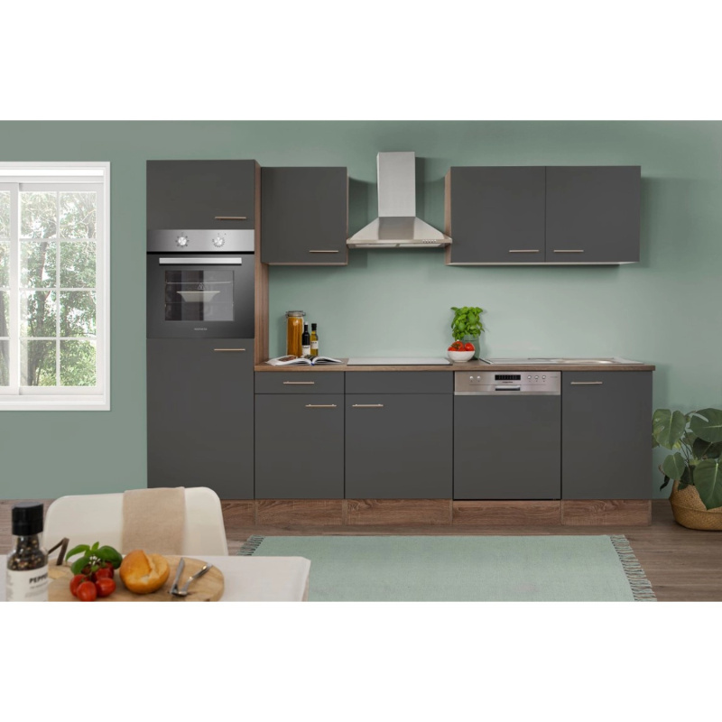 Respekta Kuchyně Oliver šedá/dub 280 cm-trouba/skl.deska/digestoř/lednice/myčka