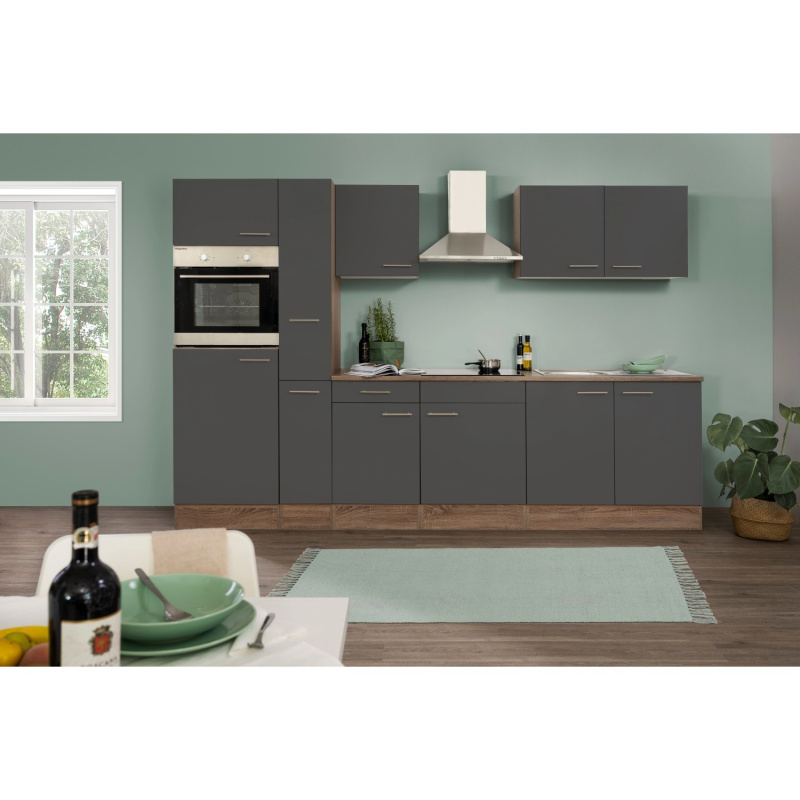 Respekta Kuchyně Oliver šedá/dub 300 cm-trouba/skl.deska/digestoř/lednice