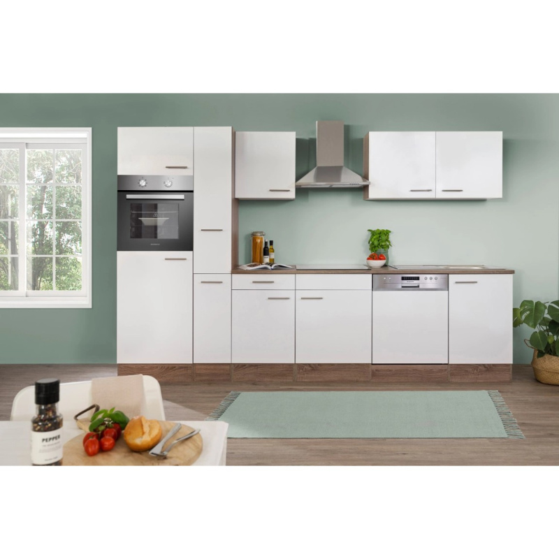 Respekta Kuchyně Oliver bílá/dub 310 cm-trouba/skl.deska/digestoř/lednice/myčka