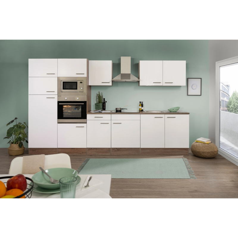 Respekta Kuchyně Oliver bílá/dub 330 cm-trouba/skl.deska/digestoř/lednice/mikr.