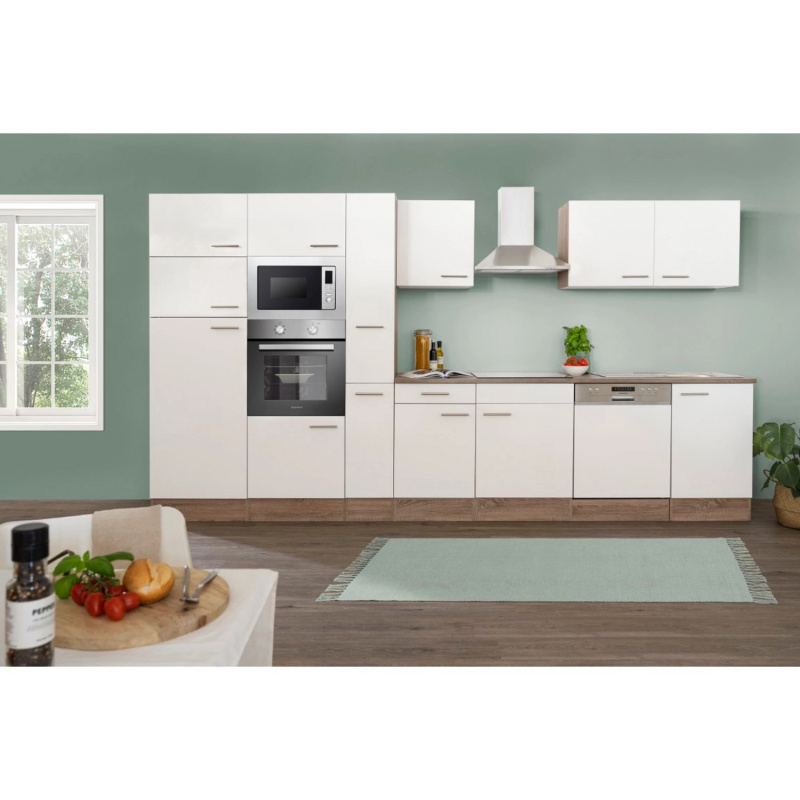 Respekta Kuchyně Oliver bílá/dub 370 cm-trouba/sk.d./digestoř/myčka/lednice/mik.