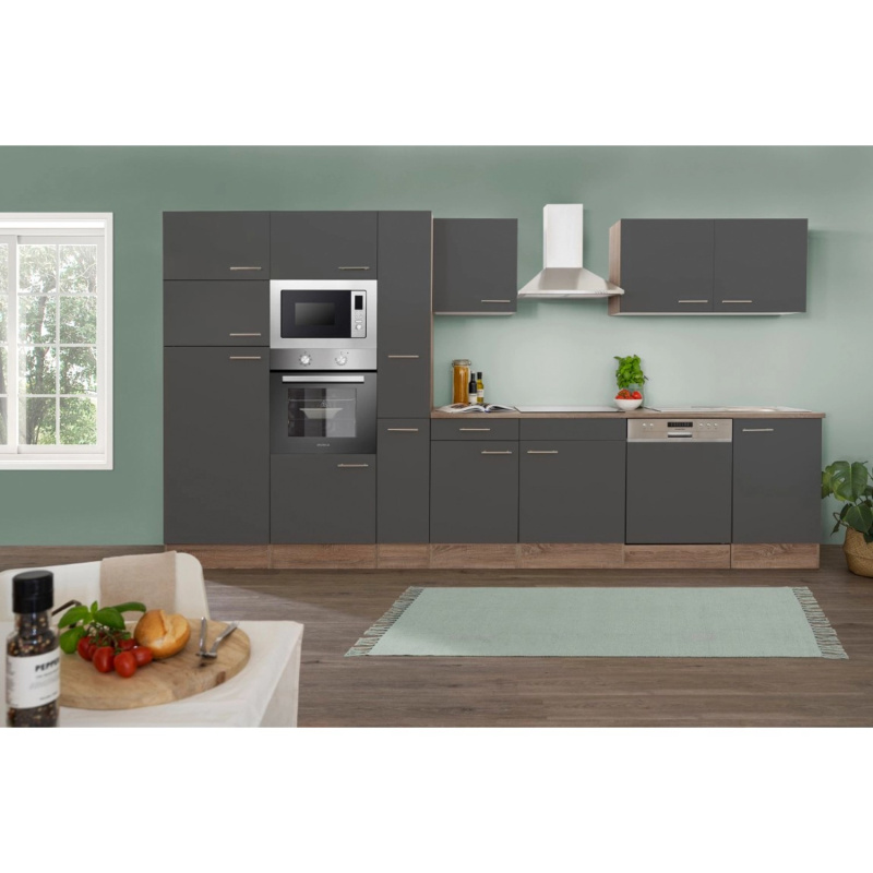 Respekta Kuchyně Oliver šedá/dub 370 cm-trouba/sk.d./digestoř/myčka/lednice/mik.