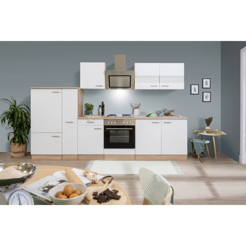 Respekta Kuchyně Merle bílá/dub 300 cm-nrz.deska/šikmá digestoř/lednice