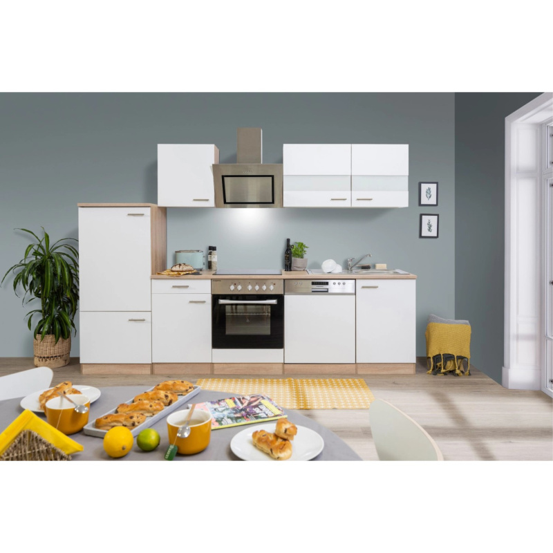 Respekta Kuchyně Merle bílá/dub 280 cm-skl.deska/šikmá digestoř/myčka/lednice(1)