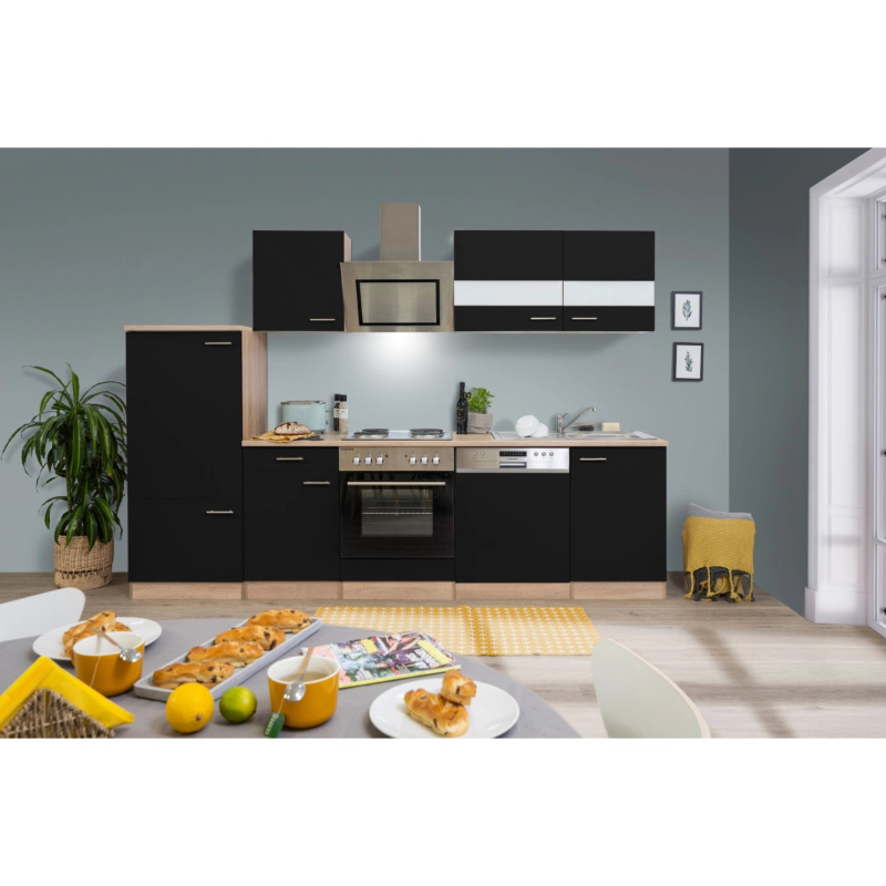 Respekta Kuchyně Merle černá/dub 280 cm-nrz.deska/šikmá digestoř/myčka/lednice